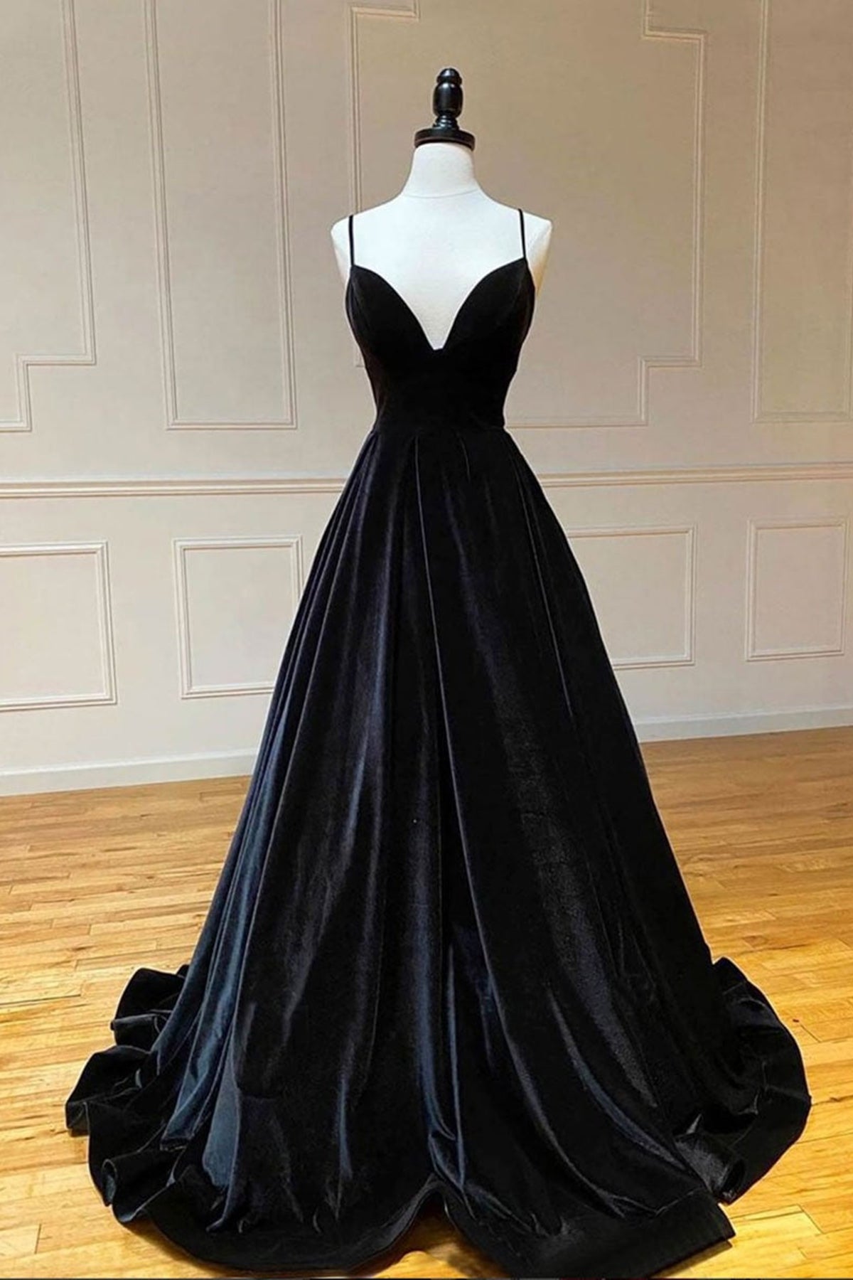 A Line V Neck Backless Black Velvet ...